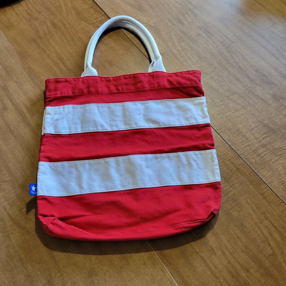 Macys Red White Tote Bag Canvas Double Handle